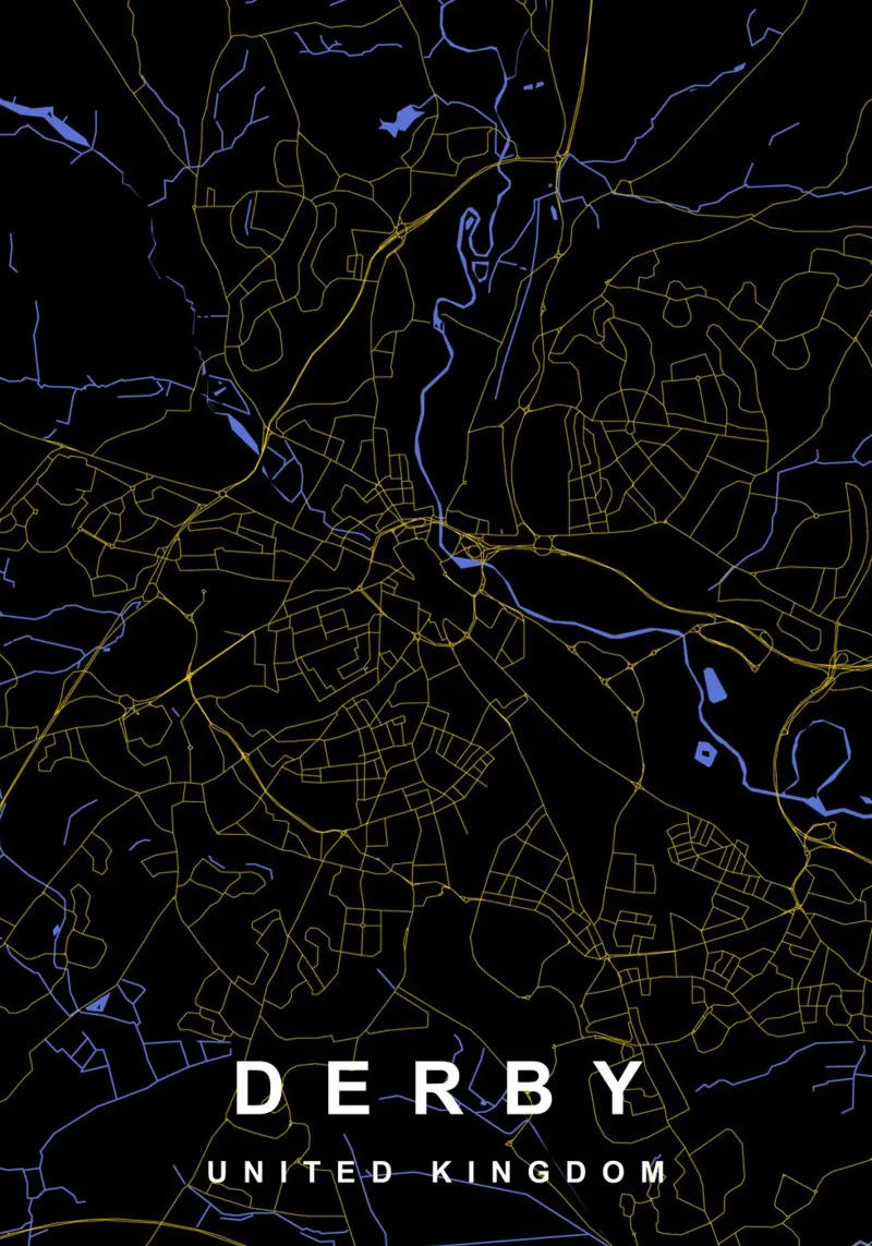 Mappa della città di Derby Regno Unito nero e oro alluminio dibond da Cartographers Library
