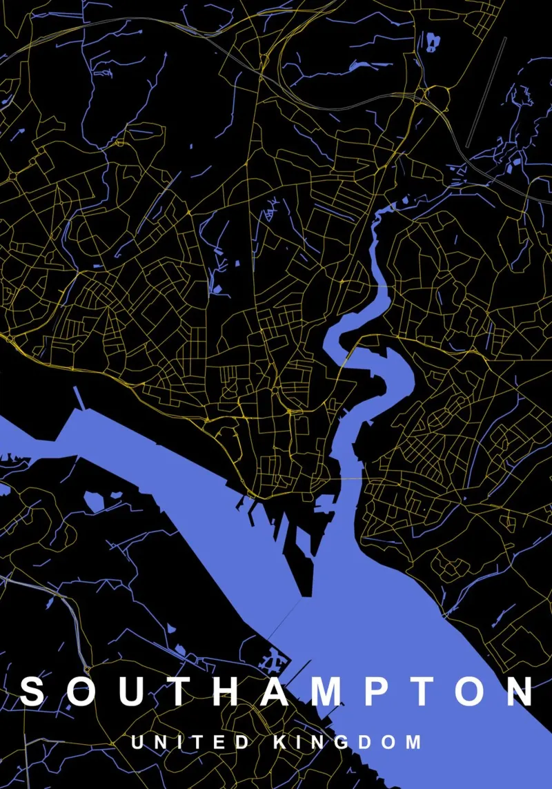 Southampton Mappa della città del Regno Unito nero e oro pellicola backlit da Cartographers Library