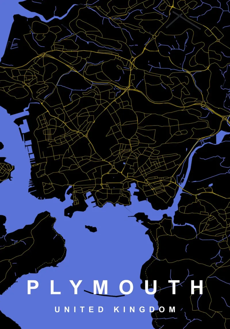 Mappa della città di Plymouth Regno Unito nero e oro pellicola backlit da Cartographers Library
