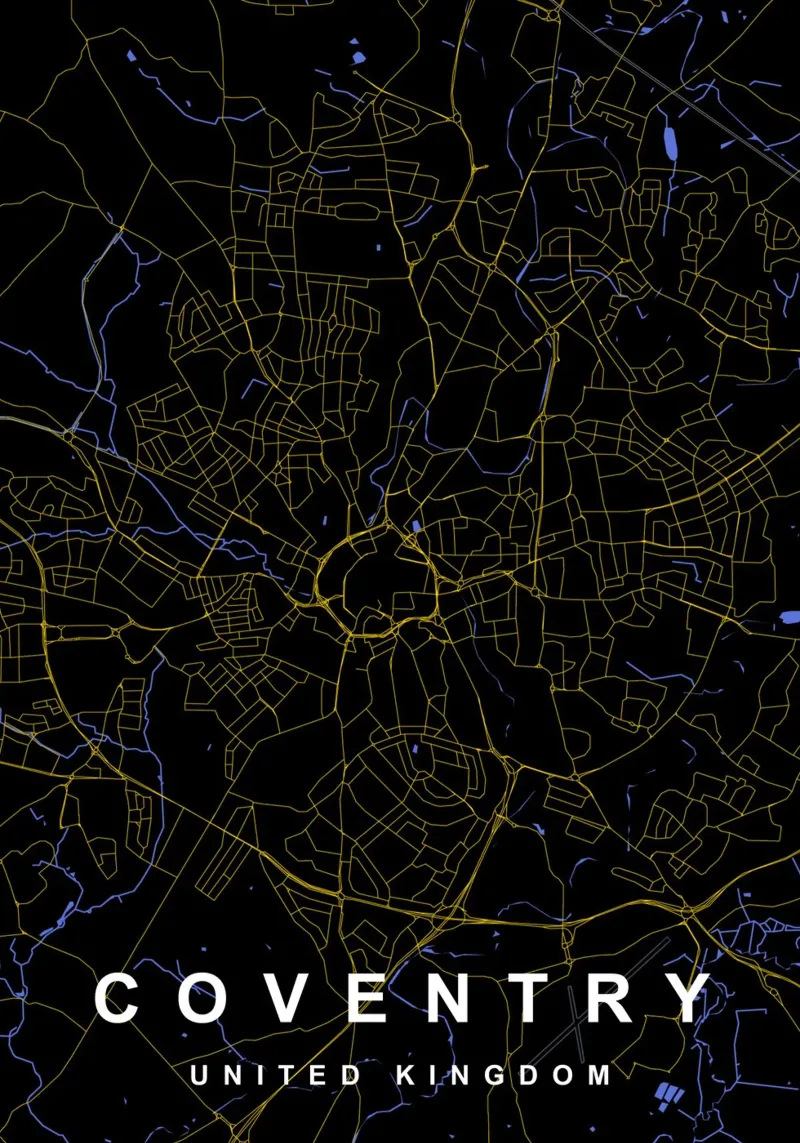 Mappa della città di Coventry Regno Unito nero e oro carta hahnemühle da Cartographers Library