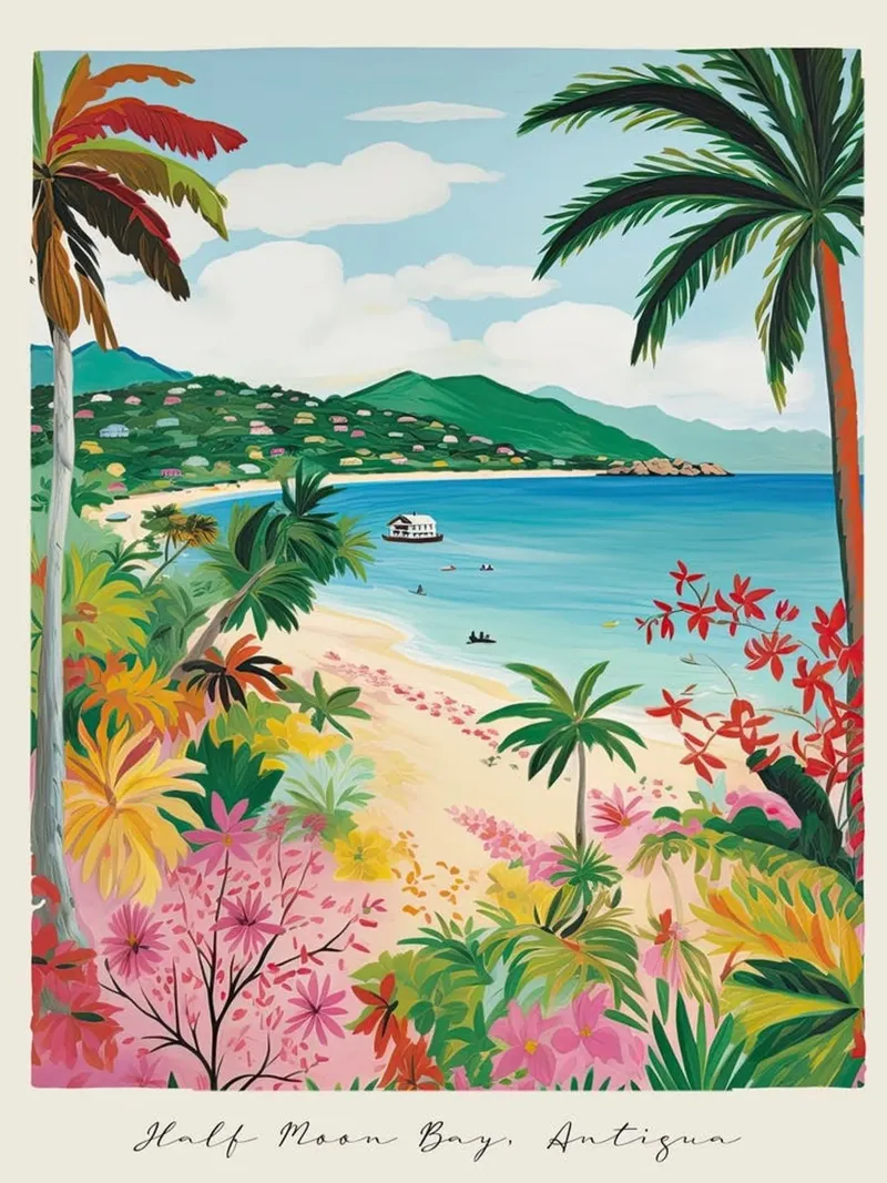 Half Moon Bay, Antigua, Matisse And Rousseau Style poster met aluminium frame van Trending Art Company
