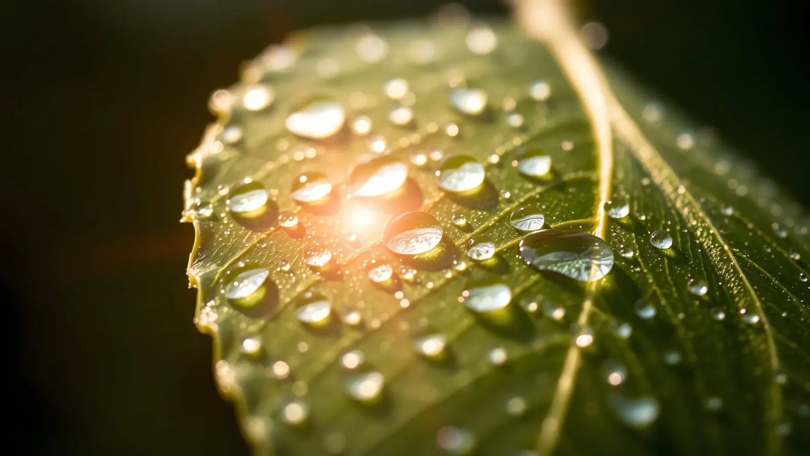 La rugiada mattutina luccica su una foglia verde mentre la luce del sole si infrange pellicola backlit da DesignDoodle