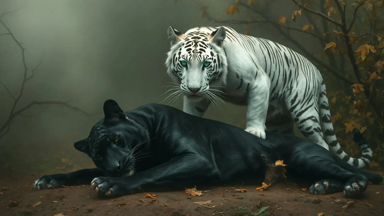 Raro incontro tra una tigre bianca e una pantera nera pellicola backlit da DesignDoodle