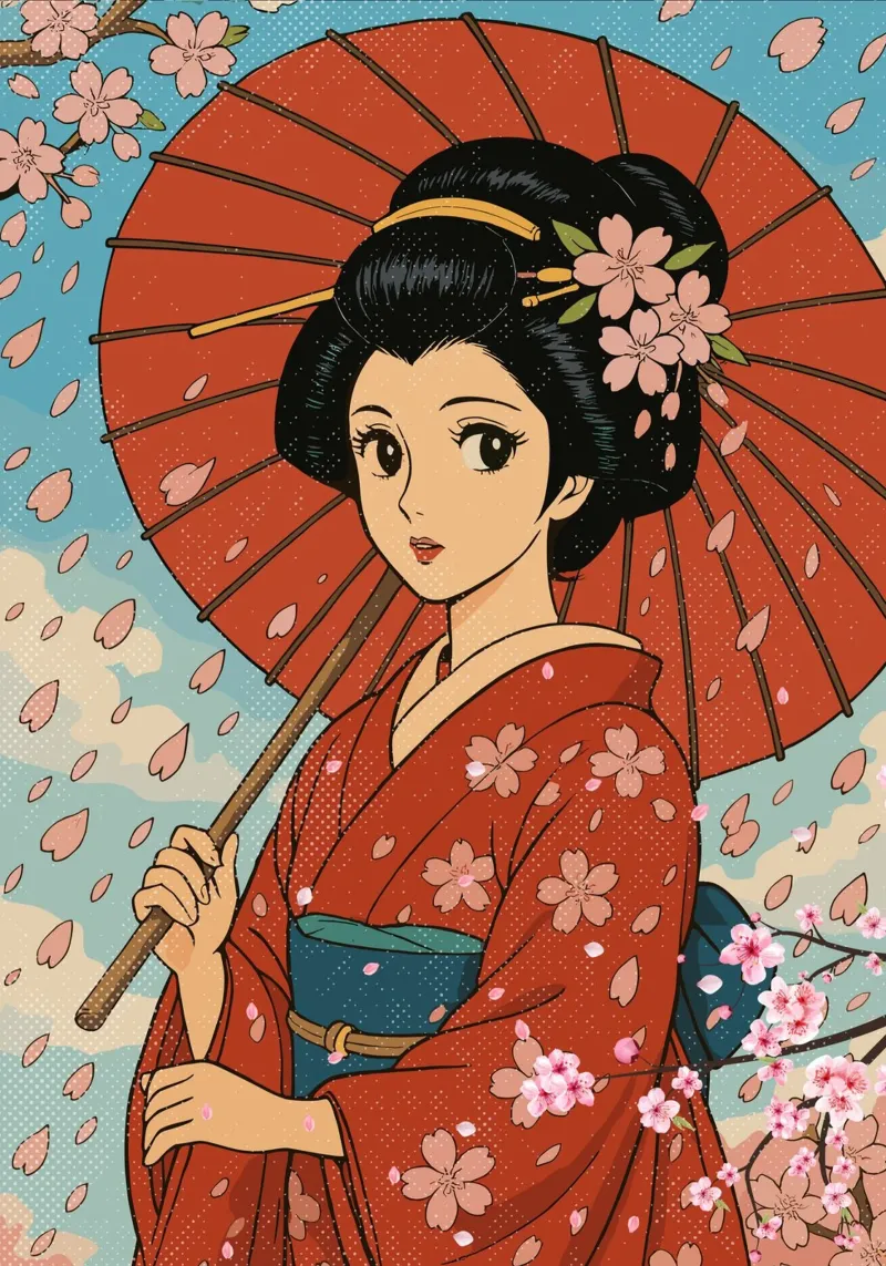 geisha and cherry blossoms poster con telaio in plastica da ramosashop