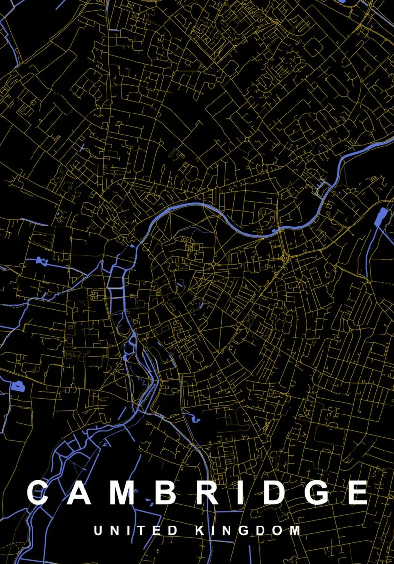 Mappa della città di Cambridge Regno Unito nero e oro carta hahnemühle da Cartographers Library