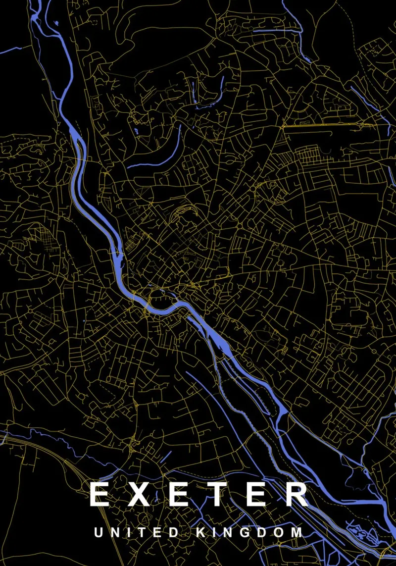 Mappa della città di Exeter Regno Unito nero e oro carta hahnemühle da Cartographers Library