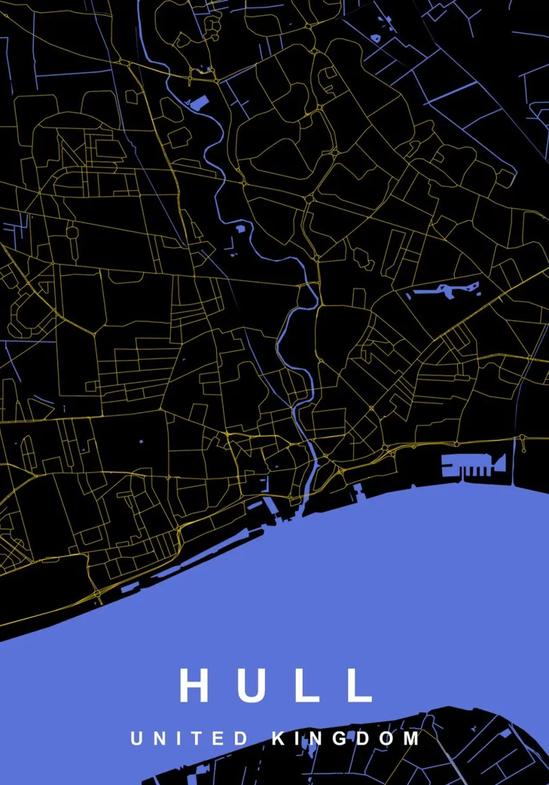 Mappa della città di Hull, Regno Unito, nero e oro pellicola backlit da Cartographers Library