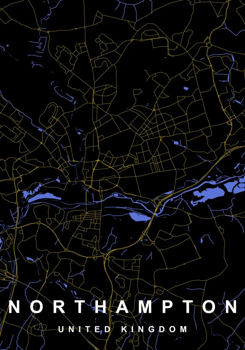 Mappa della città di Northampton Regno Unito nero e oro alluminio dibond da Cartographers Library