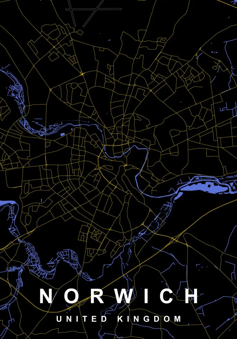 Mappa della città di Norwich Regno Unito nero e oro alluminio dibond da Cartographers Library