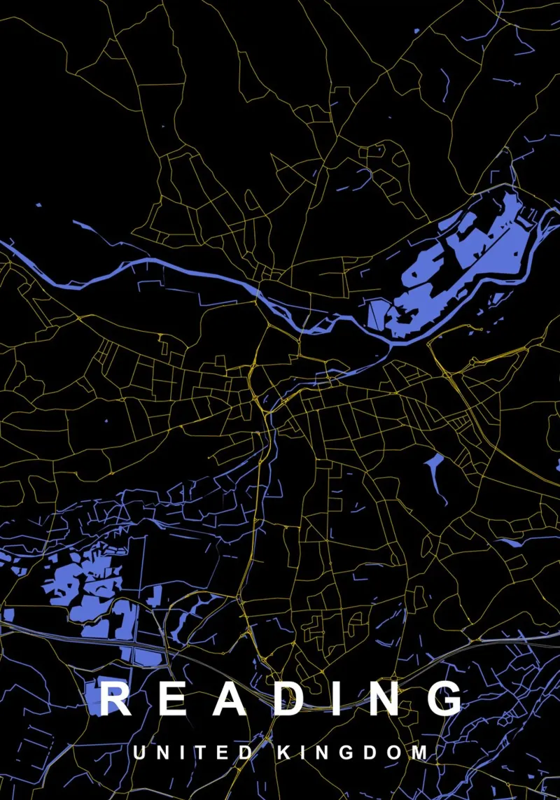 Mappa della città di Reading Regno Unito nero e oro poster con telaio in alluminio da Cartographers Library