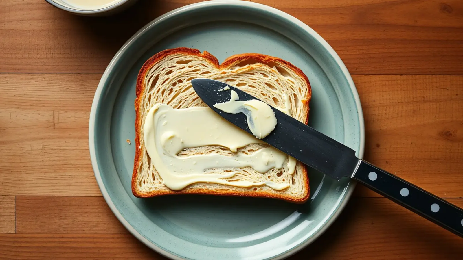Affettare il pane e spalmare il burro su un piatto in una cucina accogliente pellicola backlit da DesignDoodle
