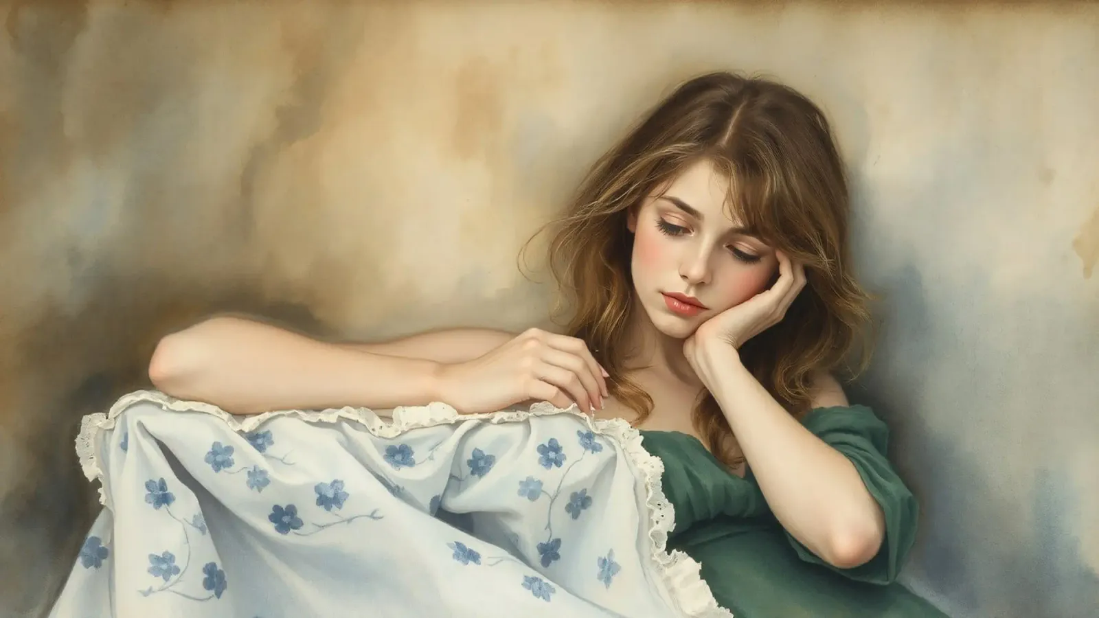 Una giovane donna in abito d'epoca si riposa pensierosa su un morbido pellicola backlit da DesignDoodle