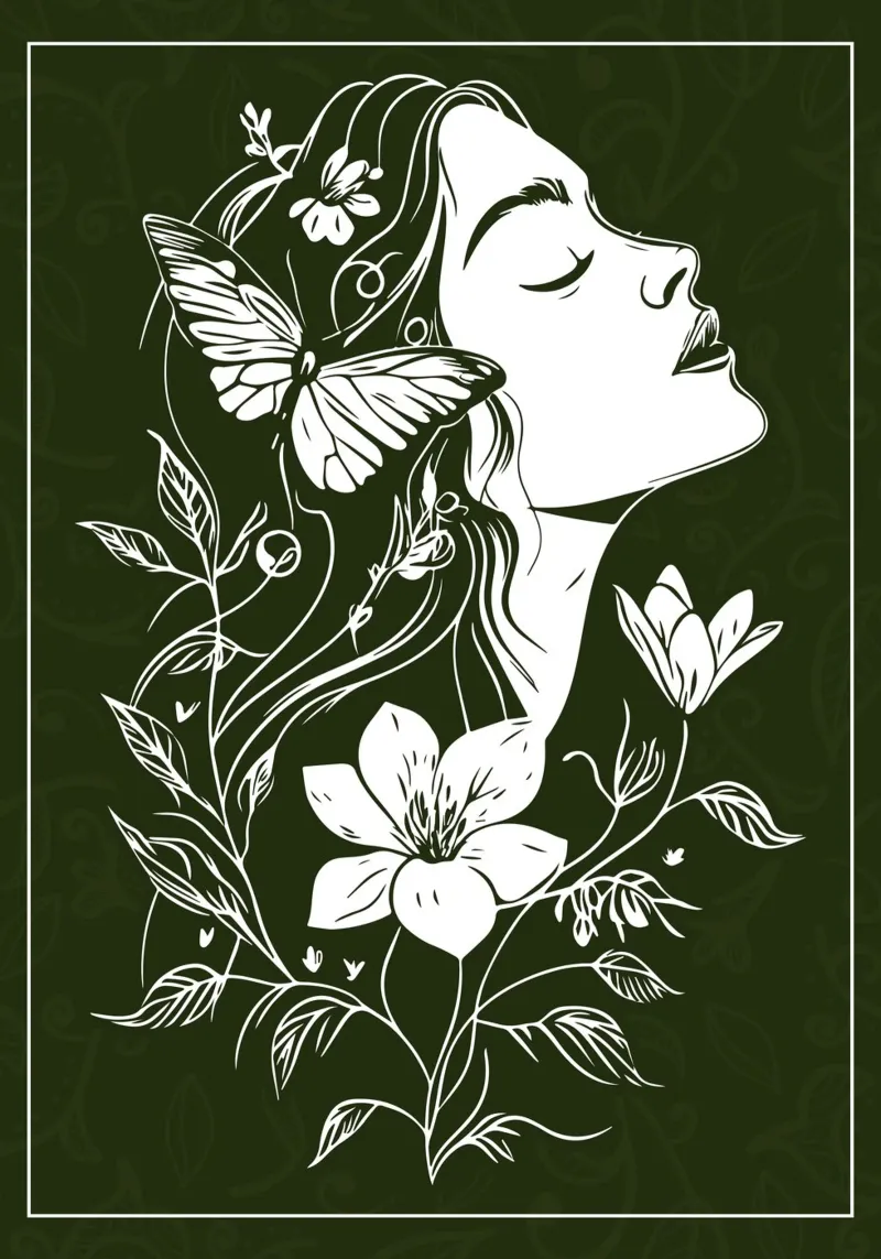 Donna in armonia con la natura e le farfalle poster con telaio in alluminio da pixelbull - medieval art and more