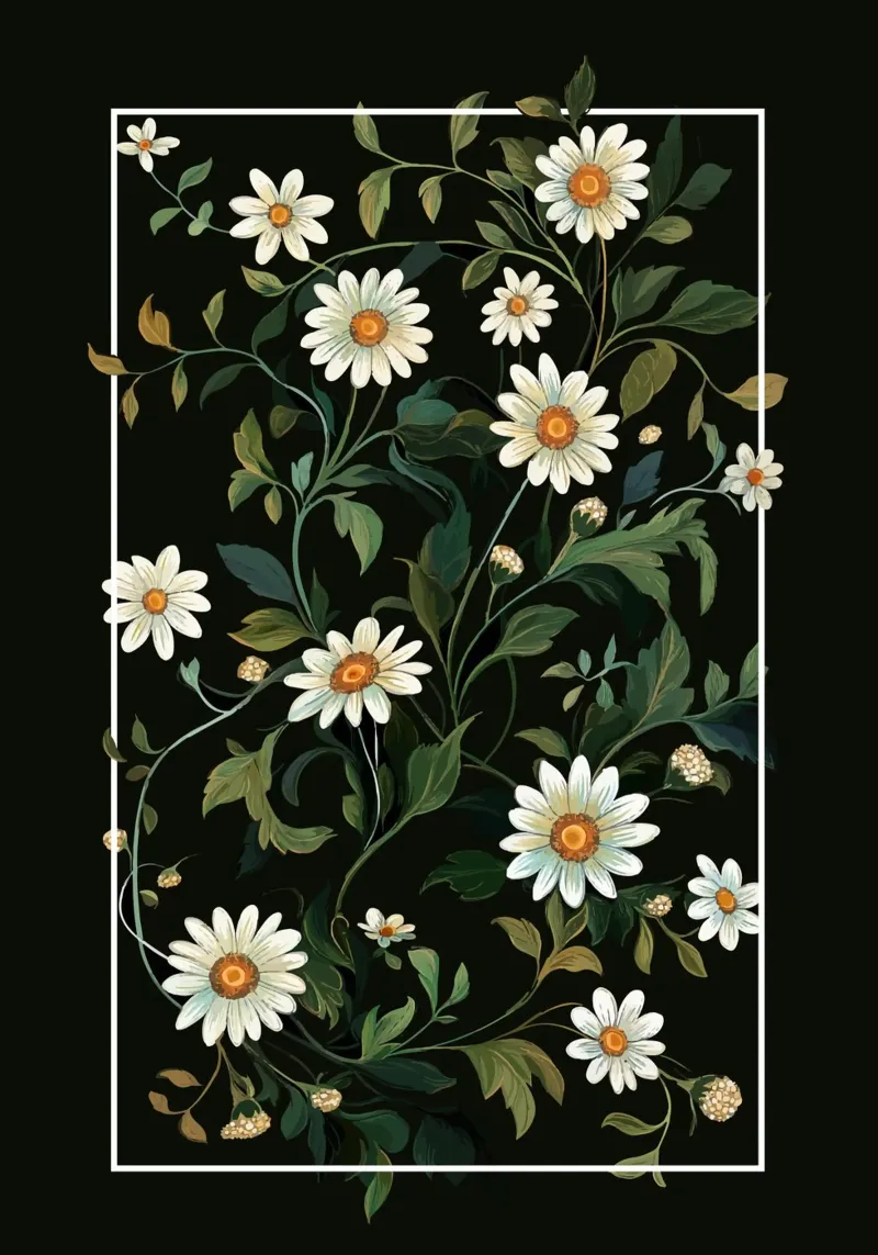 White camomile on a black background canvas with Floater frame by pixelbull - medieval art and more