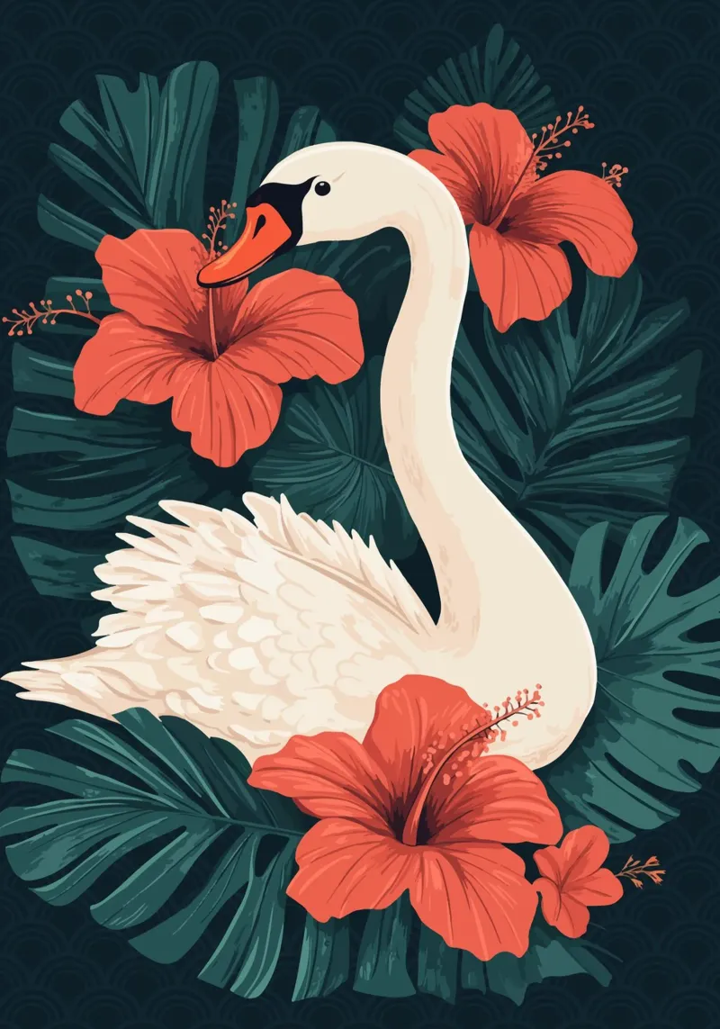 Cigno elegante con fiori di ibisco pellicola backlit da pixelbull - medieval art and more