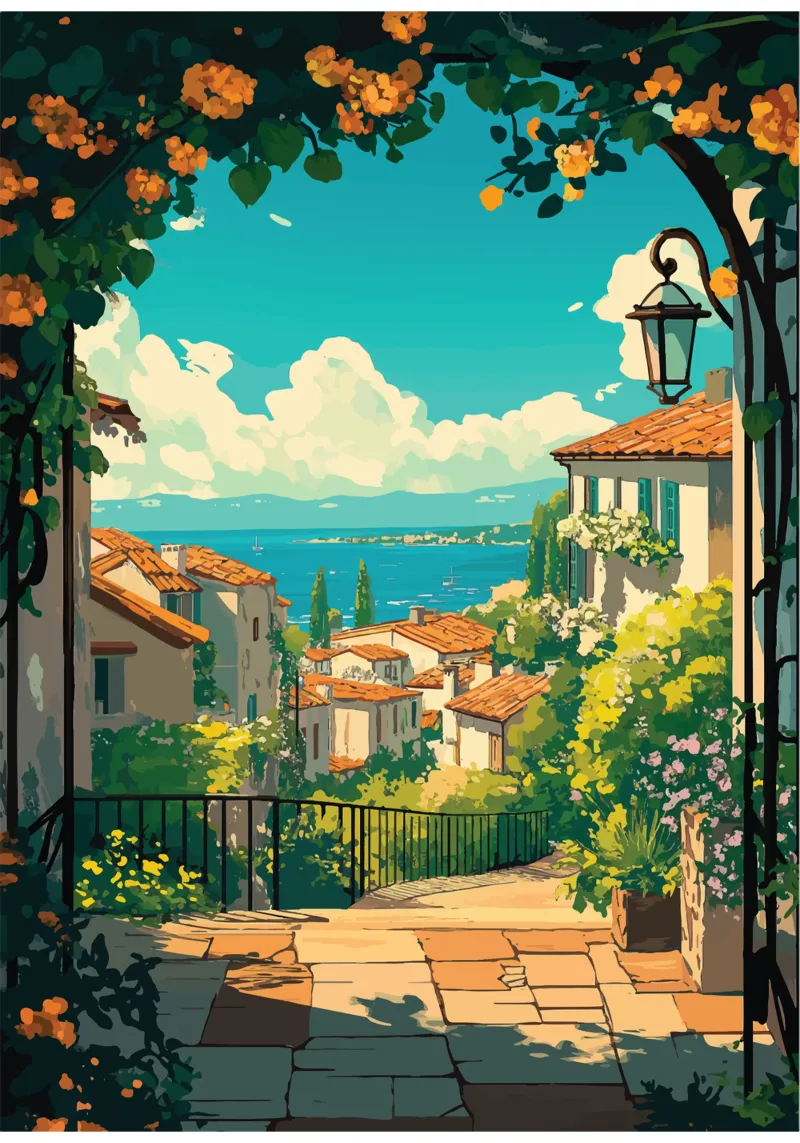 Uitzicht op een Mediterraans kustdorp in de zon canvas met Baklijst van pixelbull - medieval art and more