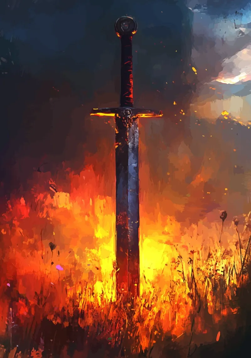 Sword in the flaming field at sunset canvas by pixelbull - medieval art and more