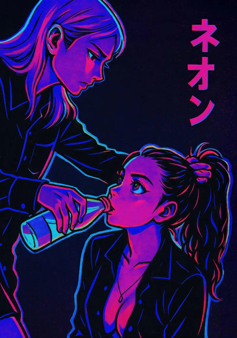 Neon Drink Melk Cyberpunk Meisjes Poster poster met kunststof frame van Lootprint