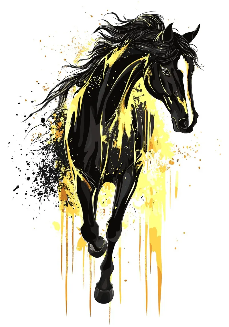 Cheval noir avec des éclaboussures de peinture jaune hahnemühle de pixelbull - medieval art and more