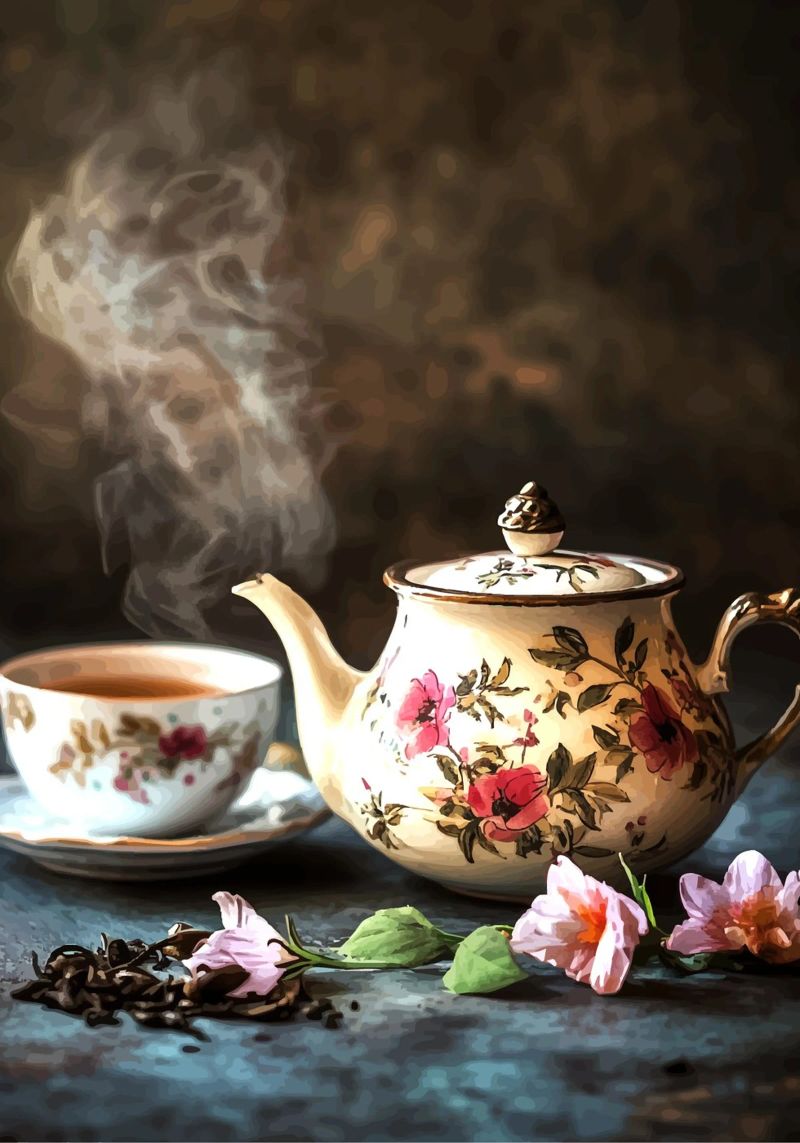 Théière avec motif de fleurs et tasse à thé hahnemühle de pixelbull - medieval art and more