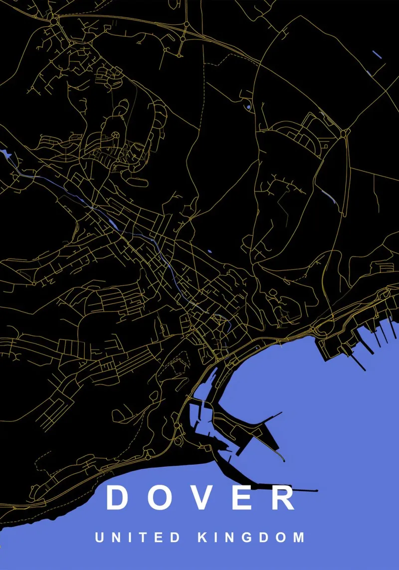 Mappa della città di Dover Regno Unito nero e oro poster con telaio in alluminio da Cartographers Library