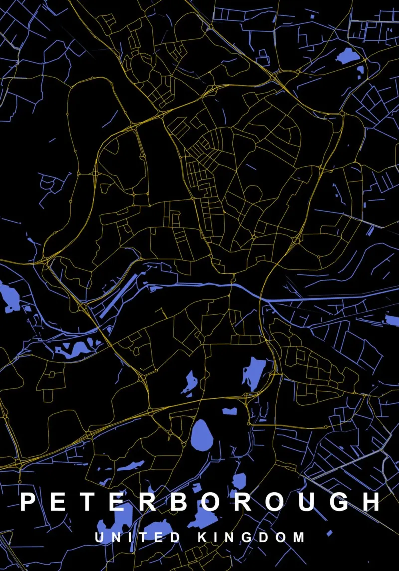 Peterborough - Mappa della città del Regno Unito - Nero e oro carta hahnemühle da Cartographers Library