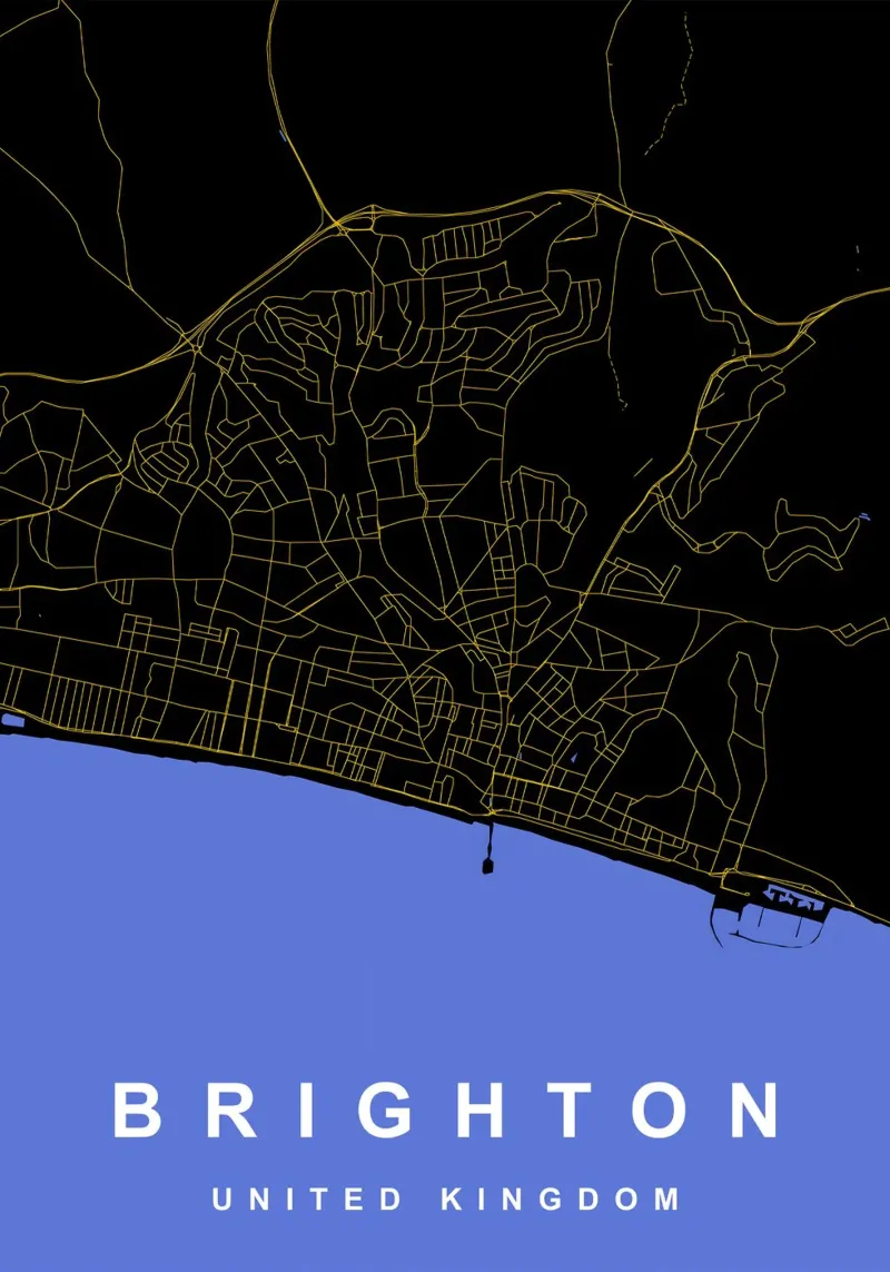 Mappa della città di Brighton Regno Unito nero e oro alluminio dibond da Cartographers Library