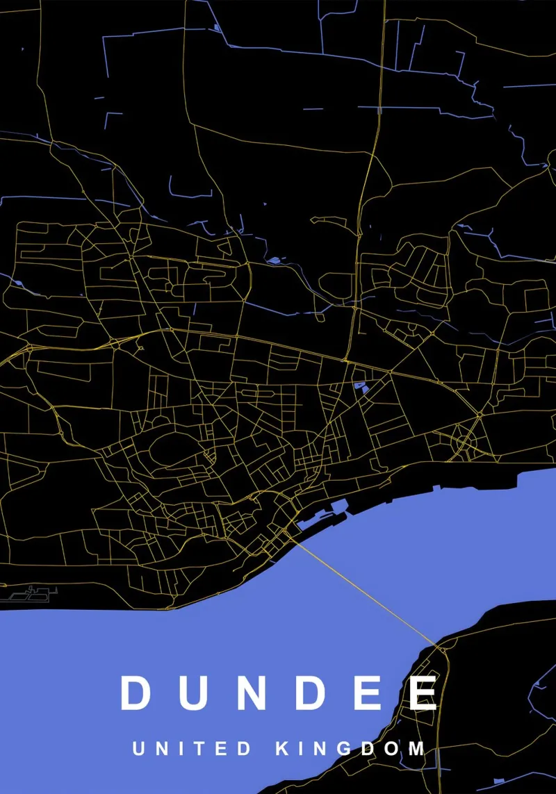 Mappa della città di Dundee Regno Unito nero e oro poster con telaio in alluminio da Cartographers Library