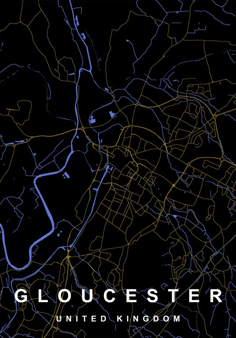 Mappa della città di Gloucester Regno Unito nero e oro pellicola backlit da Cartographers Library