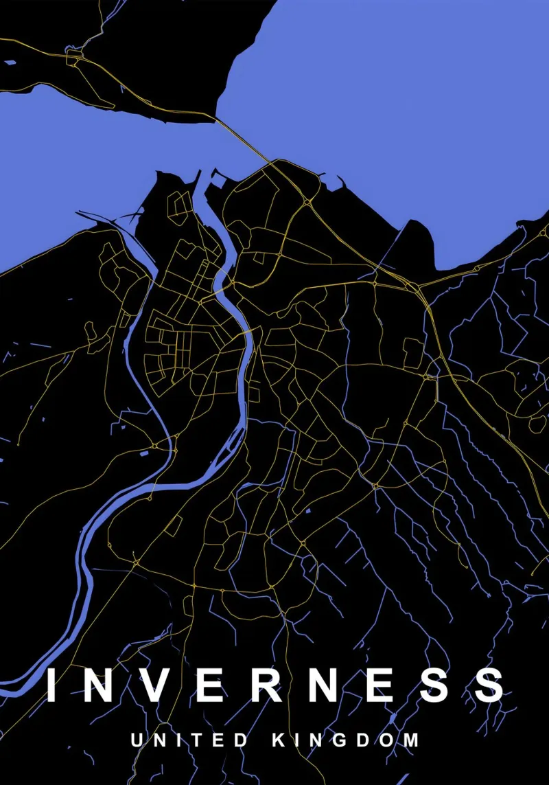 Mappa della città di Inverness Regno Unito nero e oro poster da Cartographers Library