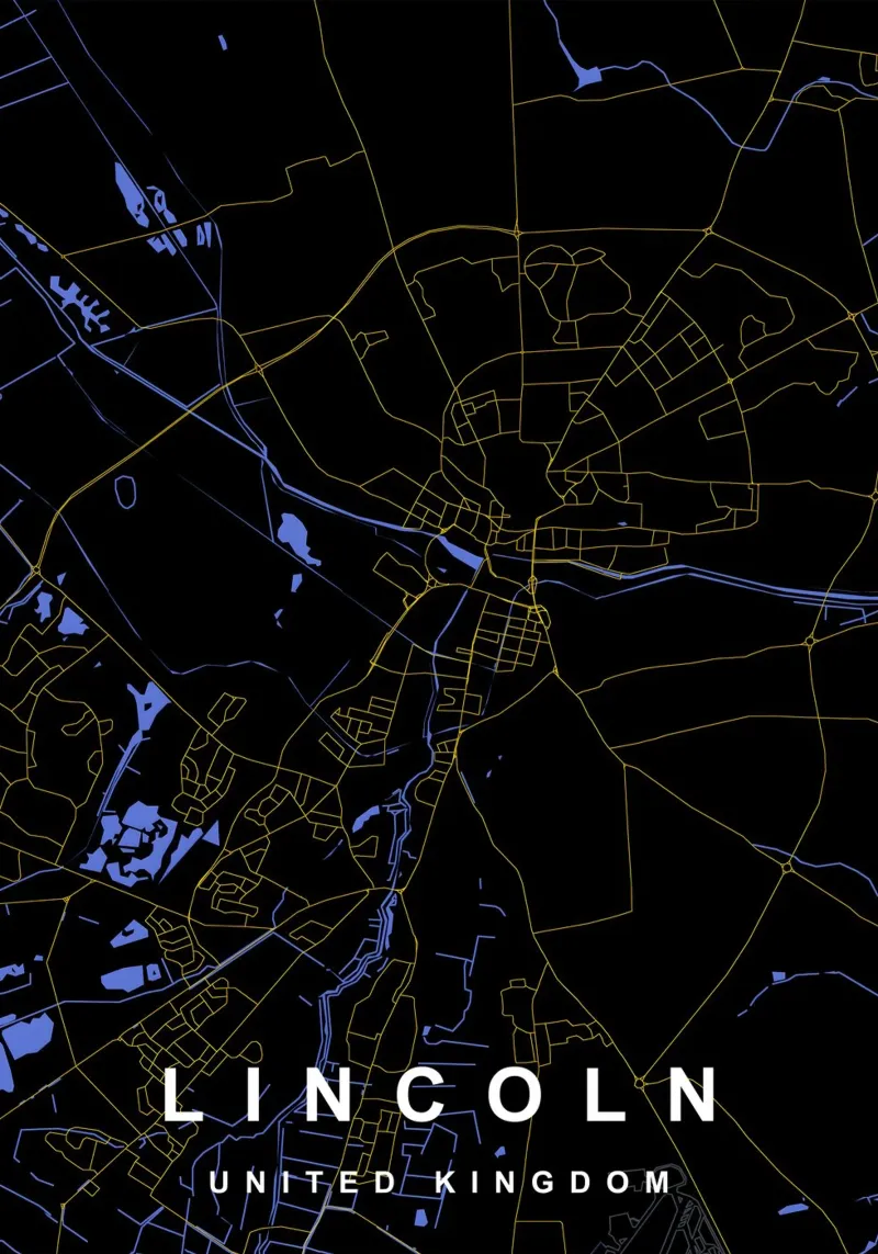 Mappa della città di Lincoln Regno Unito nero e oro pellicola backlit da Cartographers Library