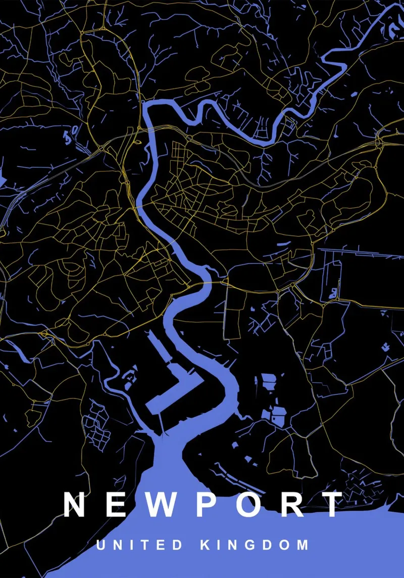 Mappa della città di Newport Regno Unito nero e oro alluminio dibond da Cartographers Library
