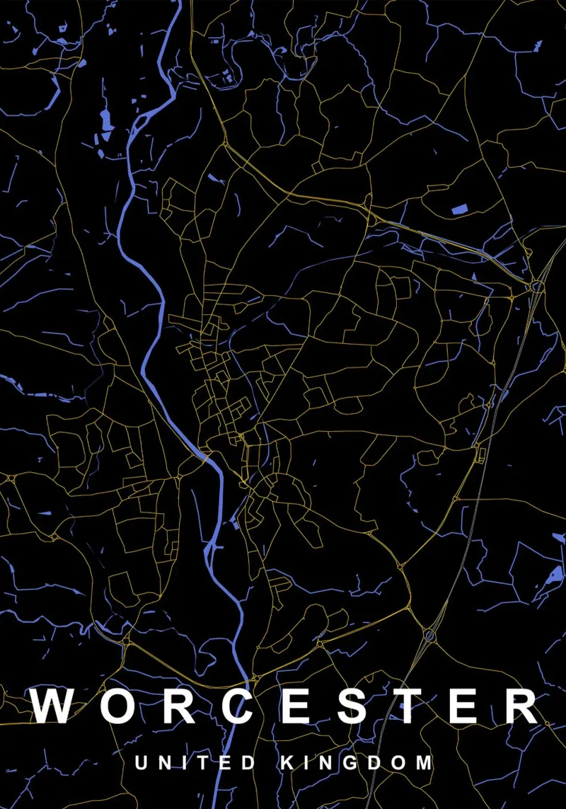 Mappa della città di Worcester Regno Unito nero e oro pellicola backlit da Cartographers Library
