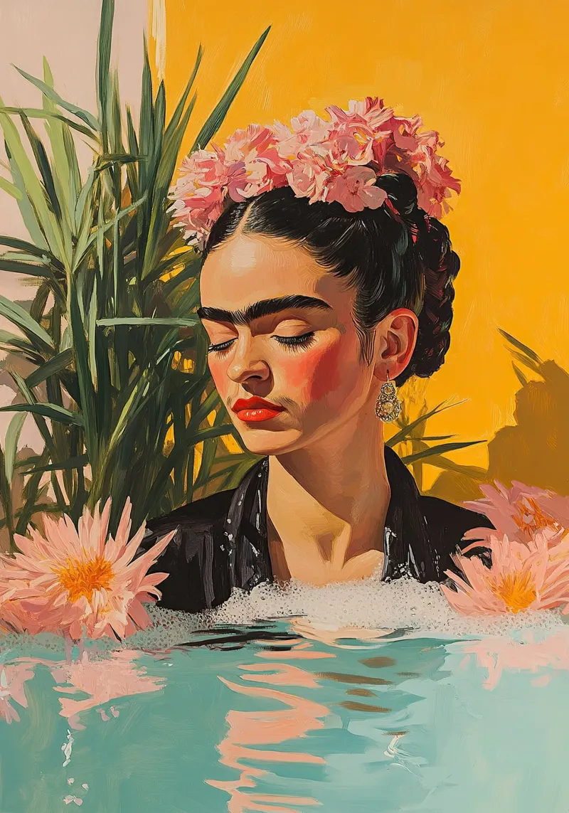 Frida Kahlo - Die Tiefe der Sehnsucht Poster mit Kunststoffrahmen von Fantasias Florales