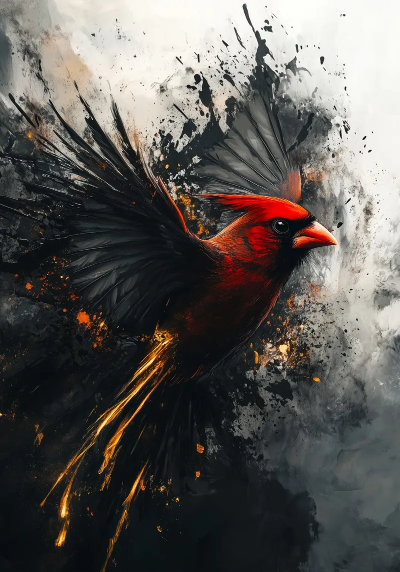 Golden Red Cardinal bird canvas with Floater frame by Justyna Jaszke JBJart