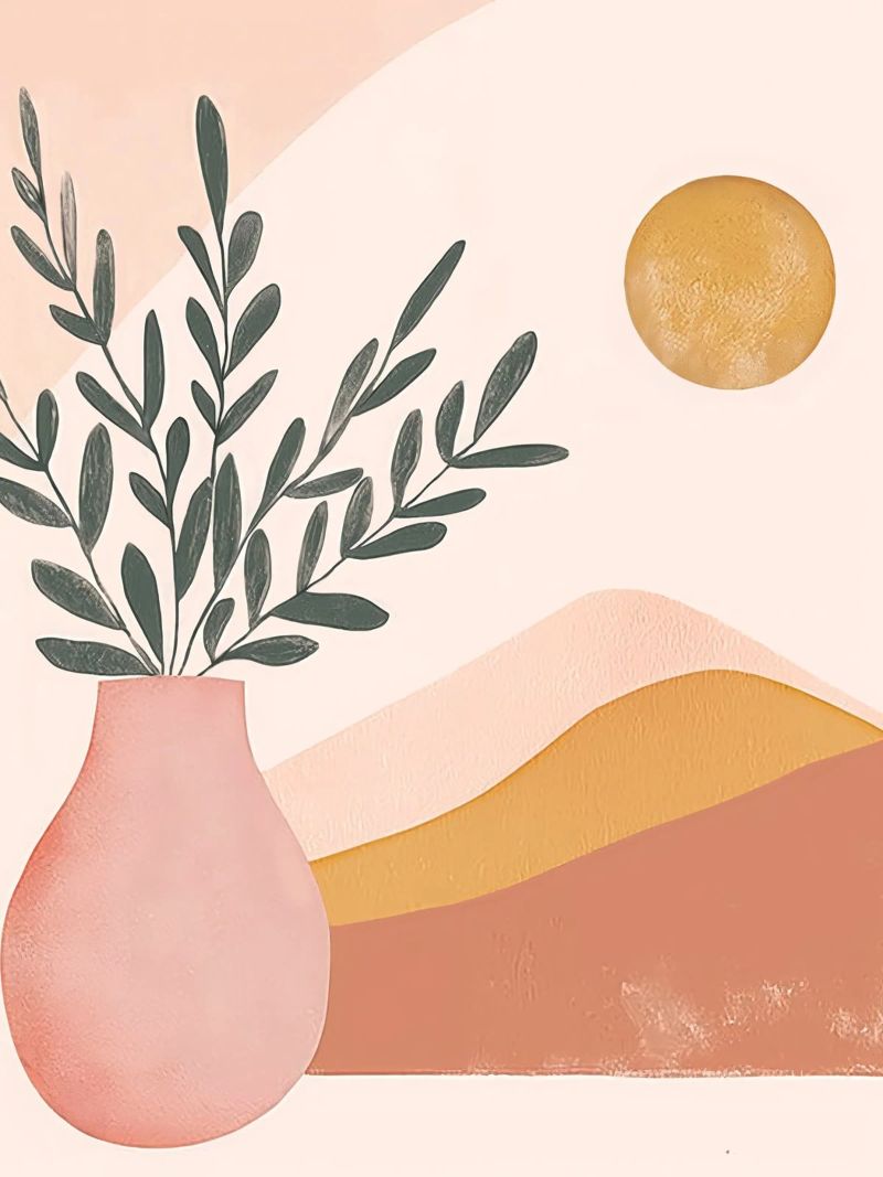 Full Moon Boho Plant in Vase with Abstract Mountain Yoga Art poster by Gentle Echoes Art