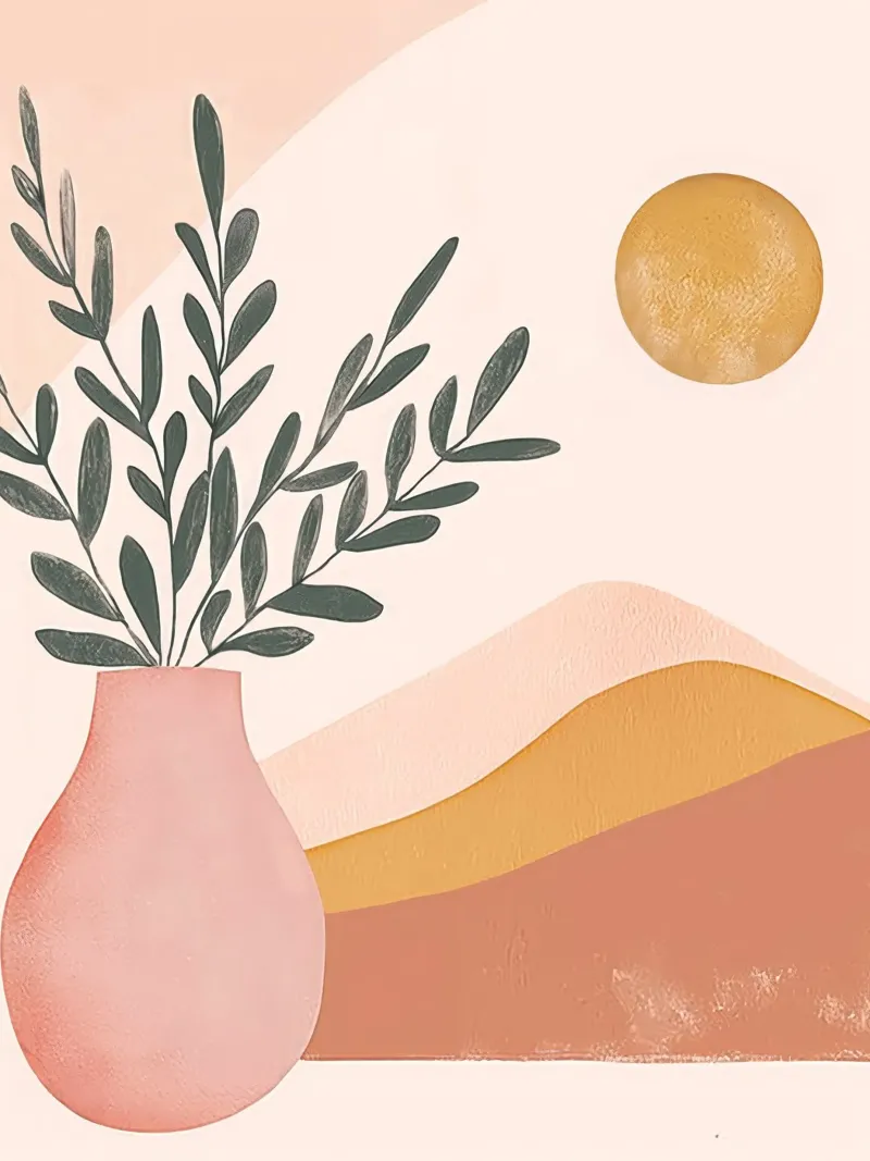 Pianta Boho con luna piena in vaso con arte astratta di montagna Yoga tela da Gentle Echoes Art