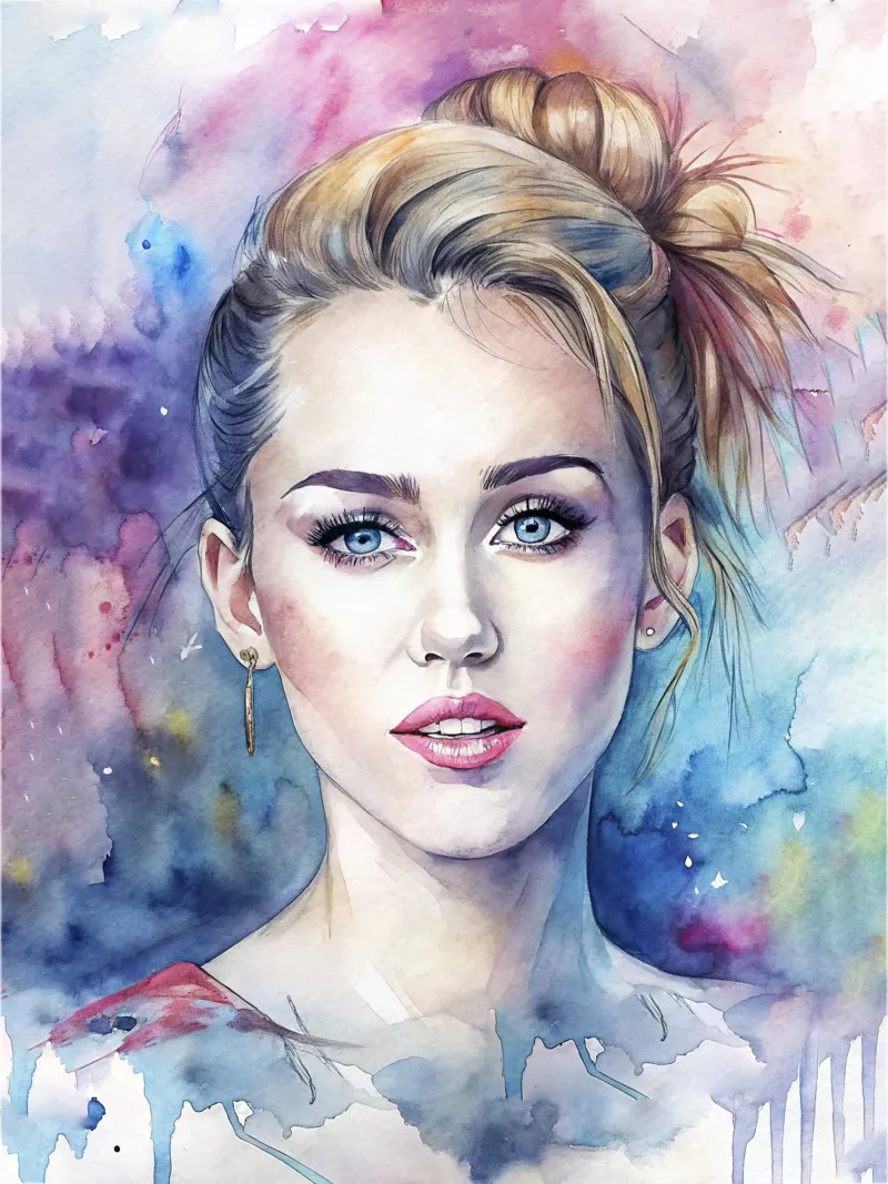 Miley Cyrus in acquerello alluminio dibond da ARTVI-SHOP