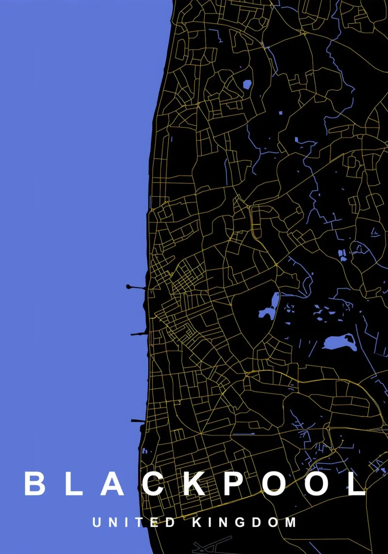 Mappa della città di Blackpool Regno Unito nero e oro pellicola backlit da Cartographers Library