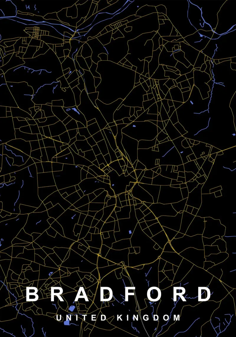 Mappa della città di Bradford Regno Unito nero e oro alluminio dibond da Cartographers Library