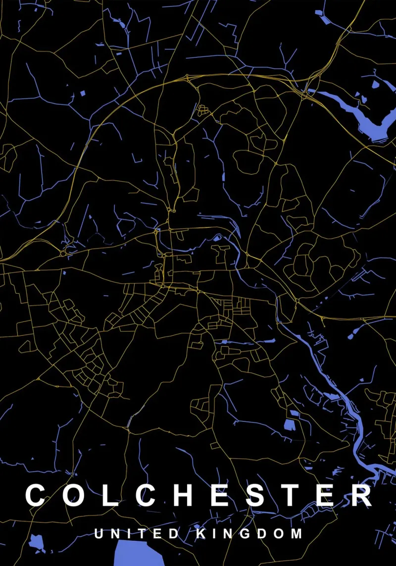 Mappa della città di Colchester Regno Unito nero e oro carta hahnemühle da Cartographers Library