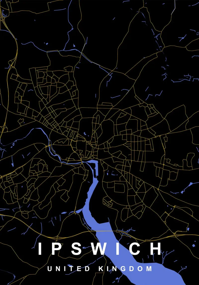Mappa della città di Ipswich Regno Unito nero e oro plexiglass da Cartographers Library