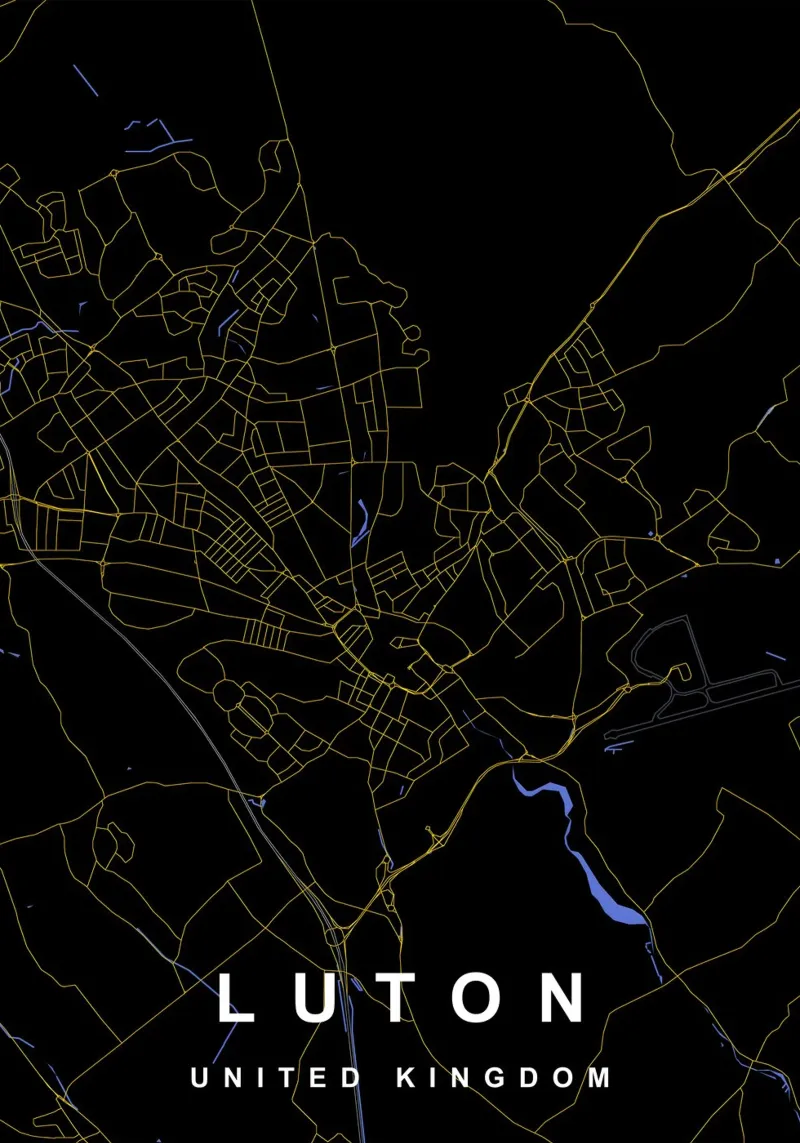 Mappa della città di Luton, Regno Unito, nero e oro alluminio dibond da Cartographers Library