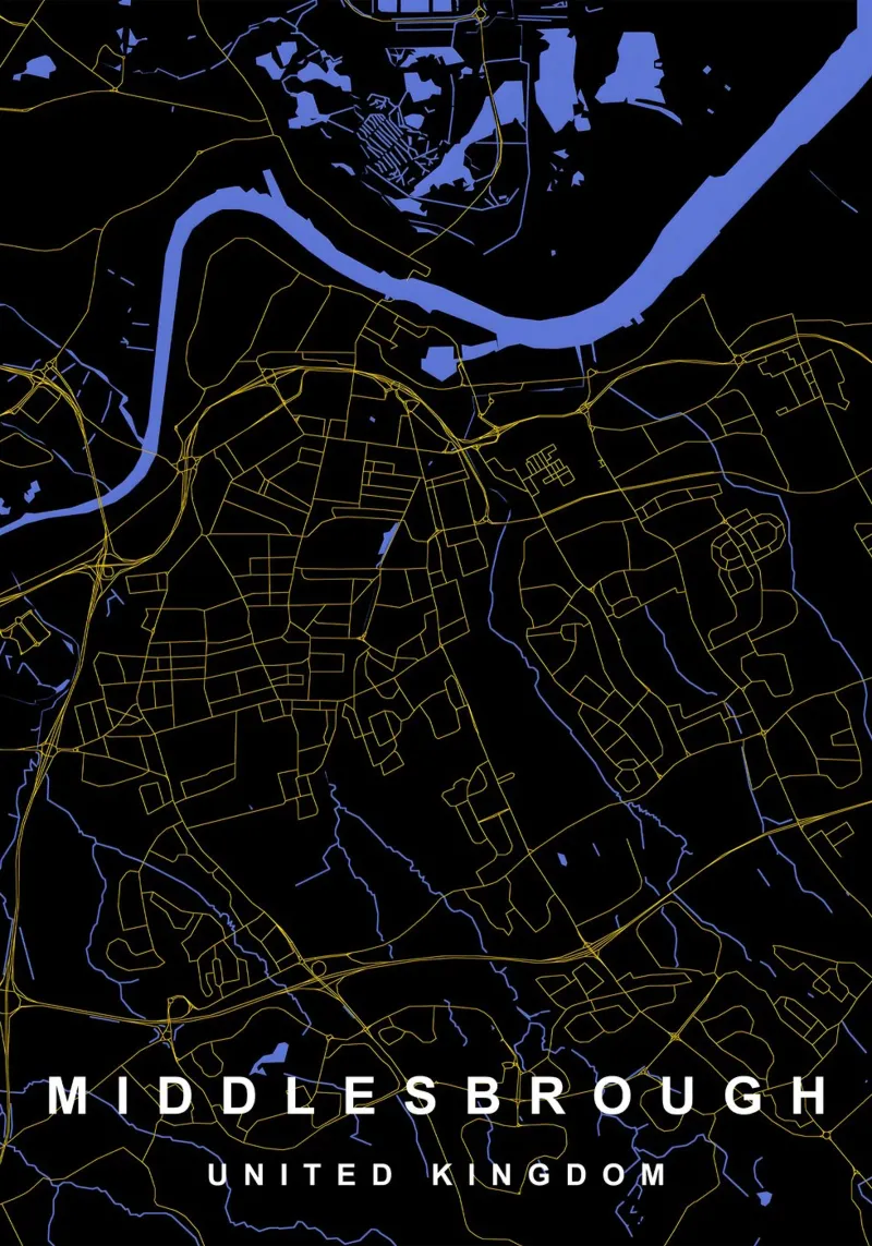 Mappa della città di Middlesbrough Regno Unito nero e oro pellicola backlit da Cartographers Library