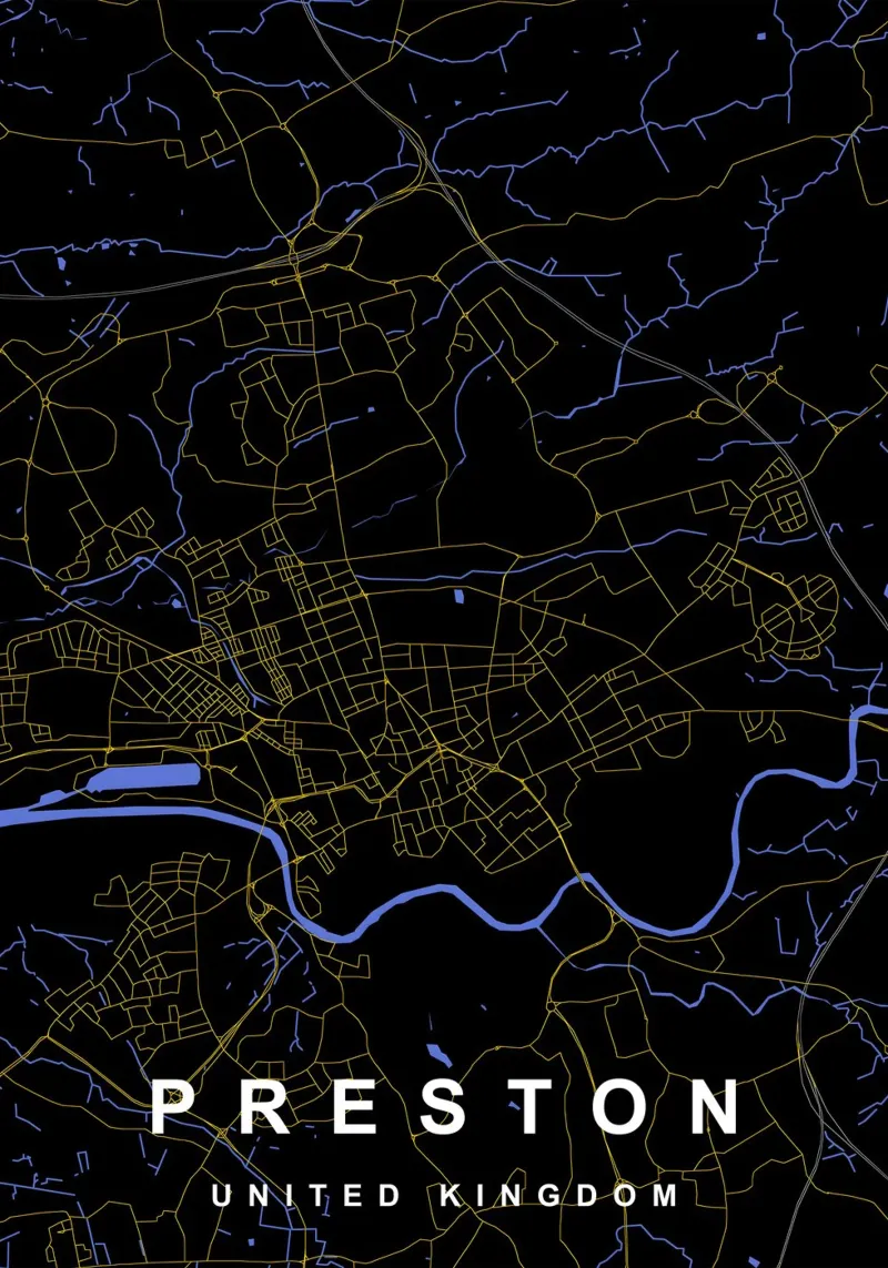 Mappa della città di Preston Regno Unito nero e oro carta hahnemühle da Cartographers Library