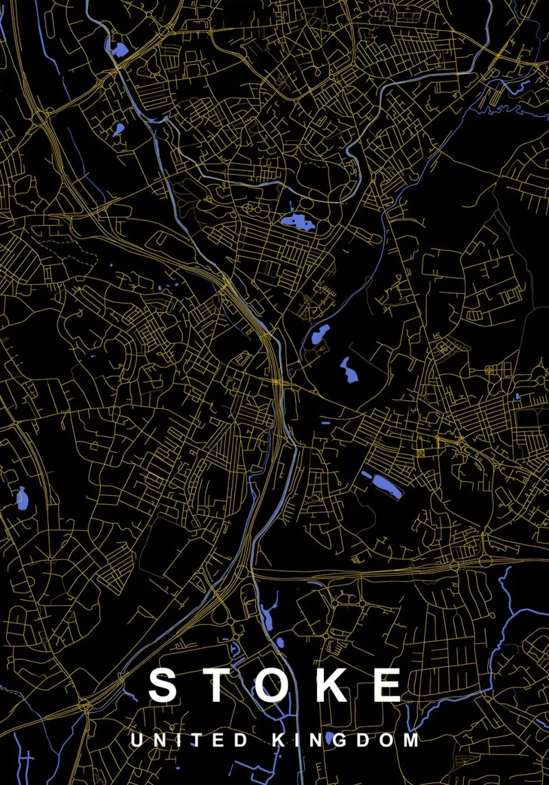 Mappa della città di Stoke Regno Unito nero e oro poster da Cartographers Library