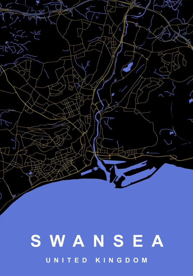Mappa della città di Swansea Regno Unito nero e oro poster da Cartographers Library