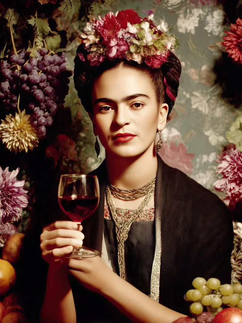 La giovane Frida Kahlo con il bicchiere di vino poster da Autofocus