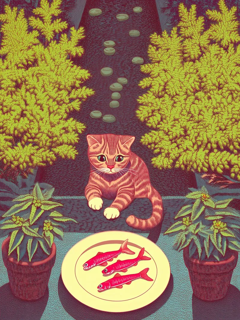 Katze & Fisch Küchenkunst - Fischer Botanische Kunst Poster von Kaji