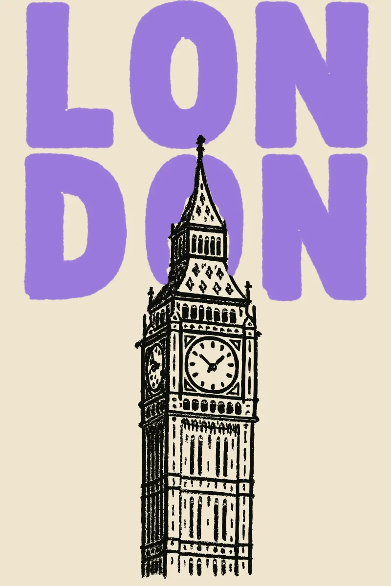 Purple London Calling poster con telaio in alluminio da MOOODZART